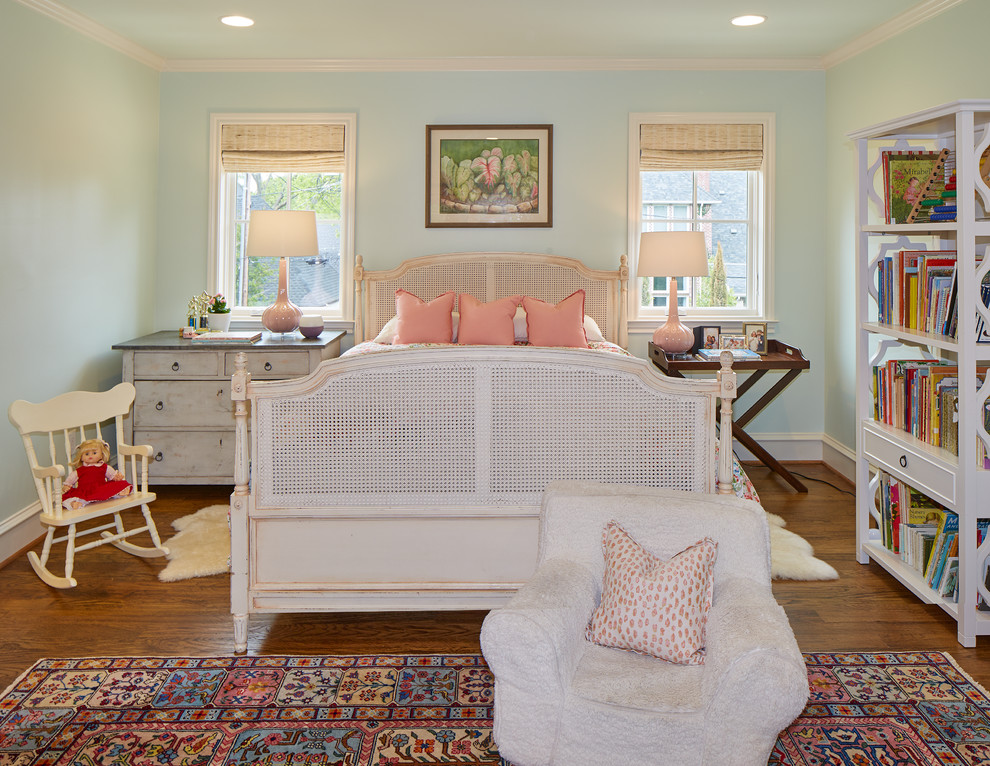 Hand Scraped Floors - Inspiration for a bedroom farmhouse medium tone wood floor and brown floor kids' bedroom remodel in Dallas with green walls