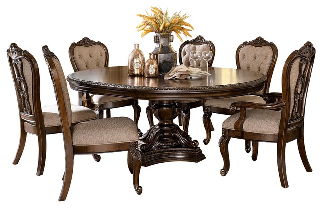 7 Piece Bautistia Dining Round Oval Pedestal Table 2 Arm 4 Side Chair Cherry Victorian Dining Sets By Amoc