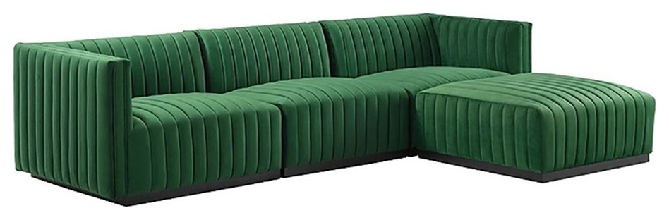 Modway Conjure 4-Piece Performance Velvet Sectional in Black and Emerald