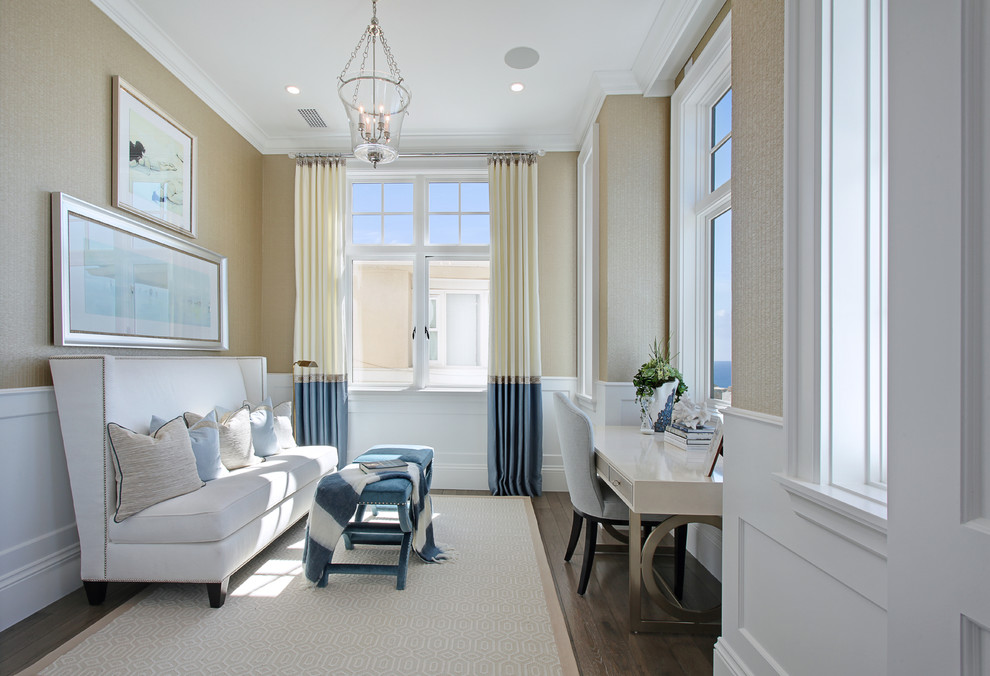 Inspiration for a beach style home office in Orange County with beige walls, medium hardwood floors and a freestanding desk.