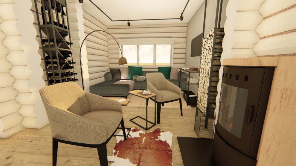 Интерьер двухэтажного коттеджа из оцилиндрованного бревна