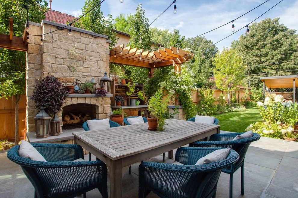 Photo of a traditional patio in Denver with with fireplace and no cover.