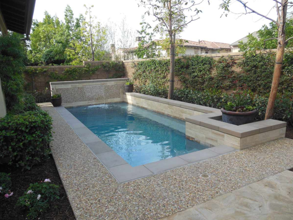 Design ideas for a mid-sized mediterranean backyard rectangular natural pool in Orange County with a hot tub and concrete slab.