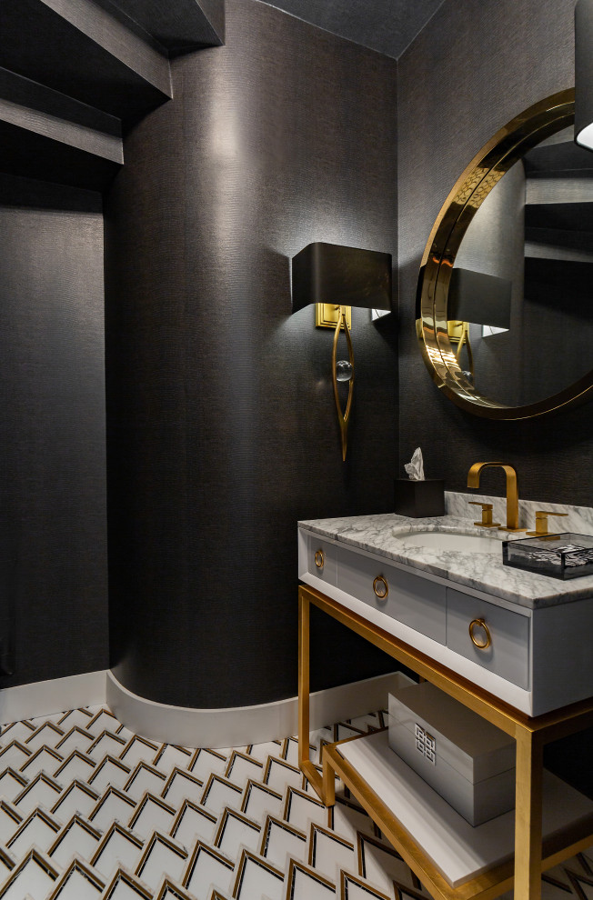 Inspiration for a powder room in Orange County with flat-panel cabinets, grey cabinets, black walls, an undermount sink, multi-coloured floor, grey benchtops and a freestanding vanity.