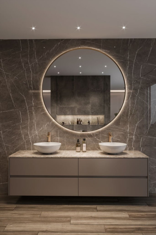 Large world-inspired ensuite bathroom in San Francisco with flat-panel cabinets, beige cabinets, a freestanding bath, a built-in shower, a wall mounted toilet, black and white tiles, marble tiles, cement flooring, a vessel sink, granite worktops, brown floors, a sliding door, beige worktops, double sinks, a floating vanity unit and a coffered ceiling.