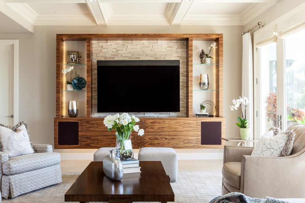 Design ideas for a large contemporary open concept living room in San Diego with beige walls, no fireplace, a built-in media wall, beige floor and limestone floors.