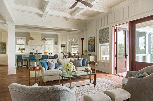 Awendaw Retreat Family Room With Wood White Coffered