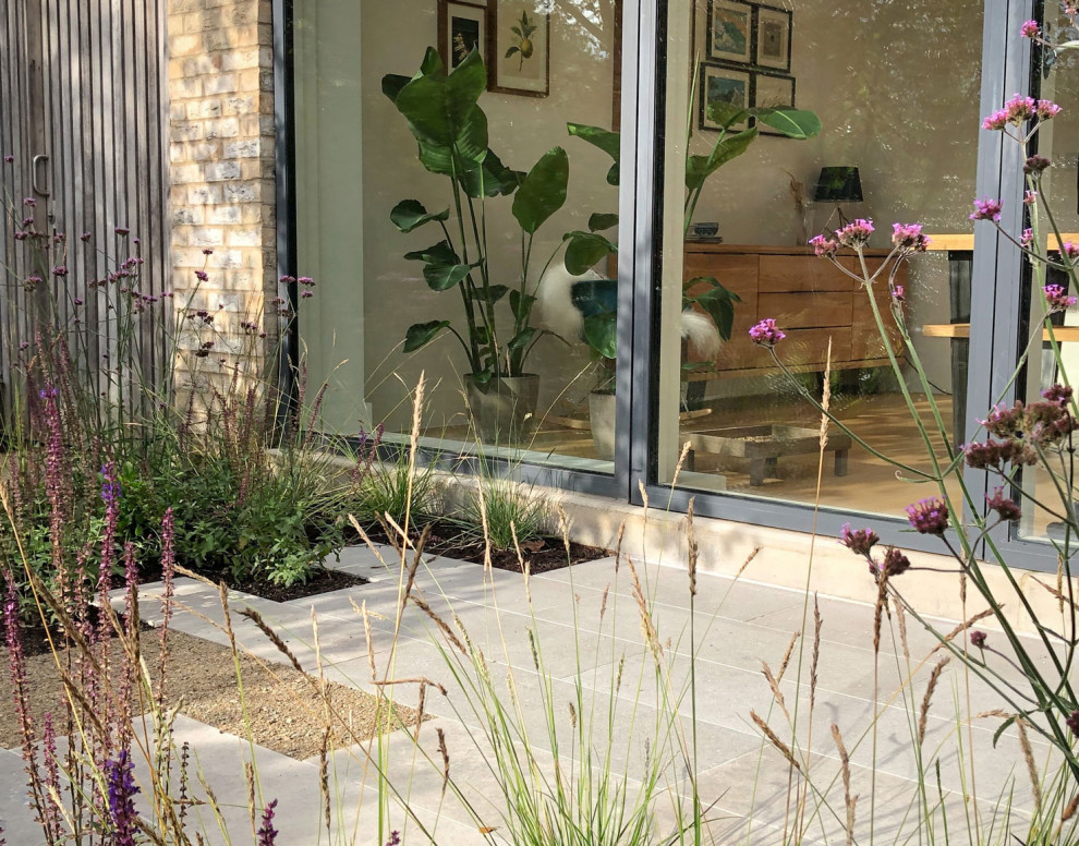 Modelo de jardín moderno pequeño en patio trasero con adoquines de piedra natural