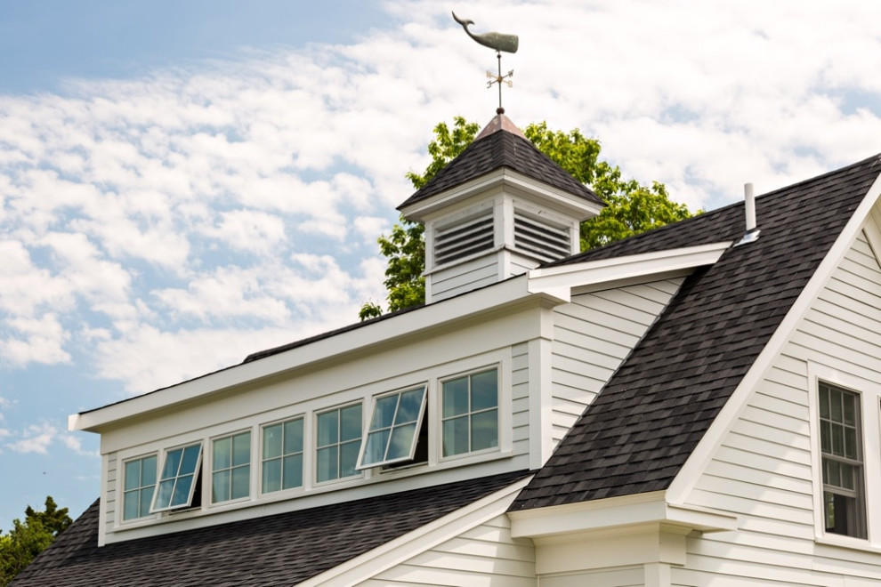 На фото: деревянный, белый дом в стиле кантри с односкатной крышей и отделкой планкеном с