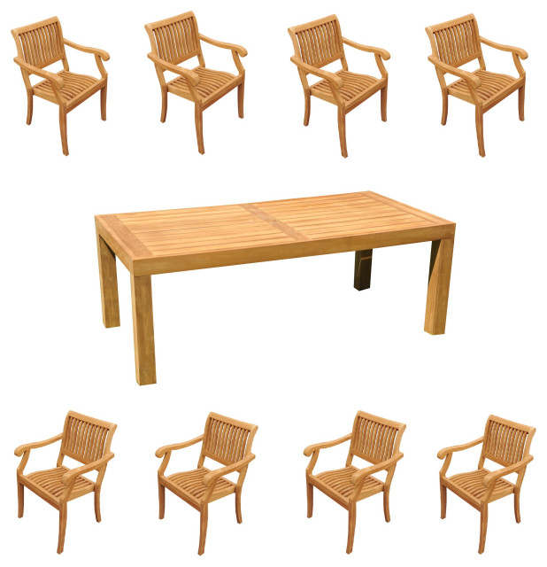 9Piece Outdoor Teak Dining Set 86" Rectangle Table, 8 Arbor Stacking