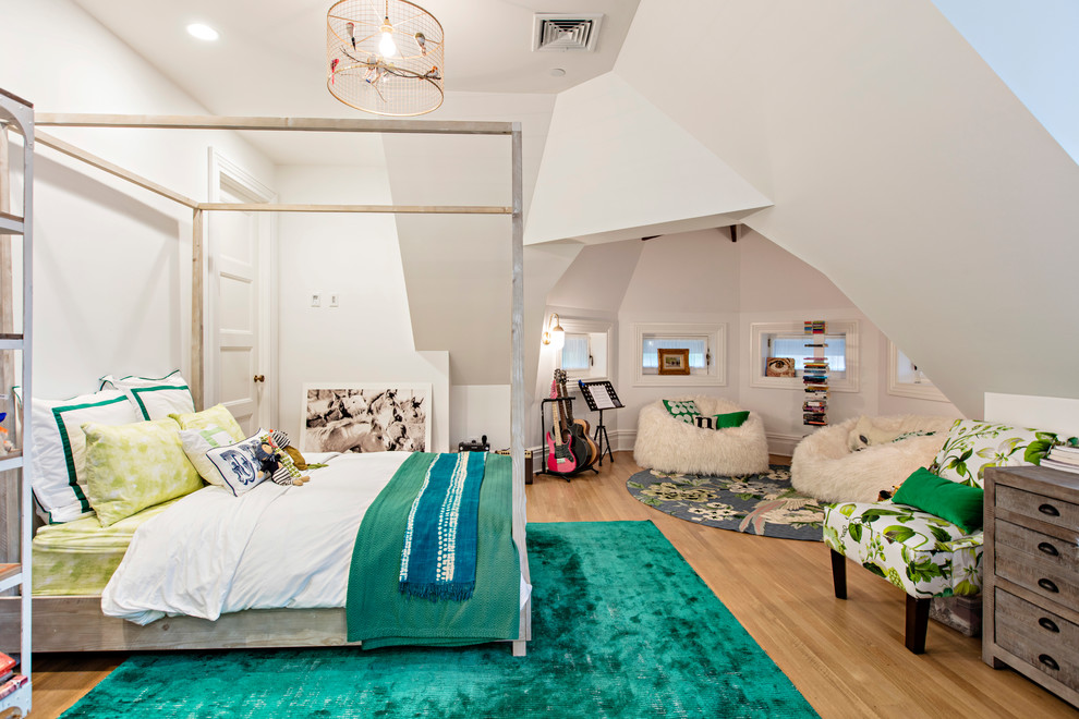 Large transitional loft-style bedroom in New York with white walls, light hardwood floors and no fireplace.