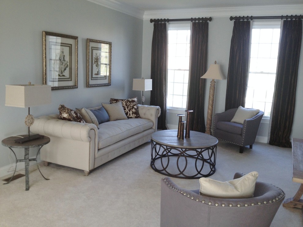 Mid-sized transitional formal enclosed living room in Philadelphia with grey walls, carpet and white floor.