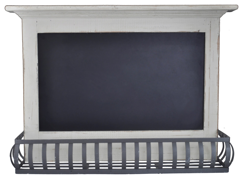 Distressed Wooden Hanging Chalkboard board with Iron Shelf (Distressed Cream)