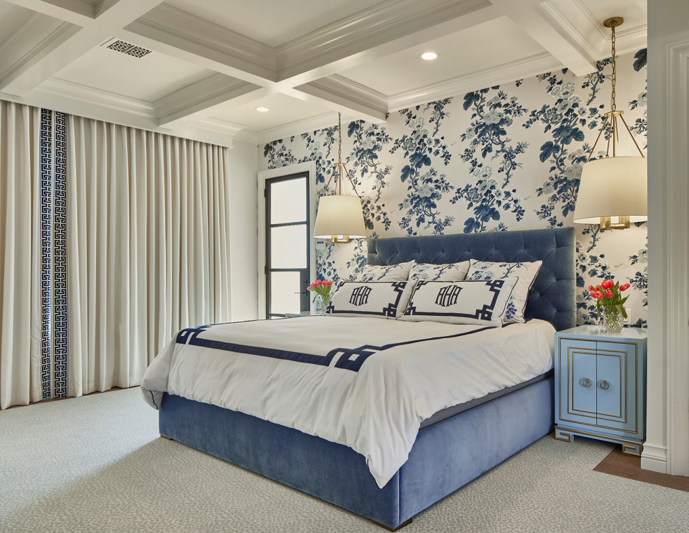 This is an example of a transitional guest bedroom in Dallas with white walls, carpet, no fireplace, multi-coloured floor, coffered and wallpaper.