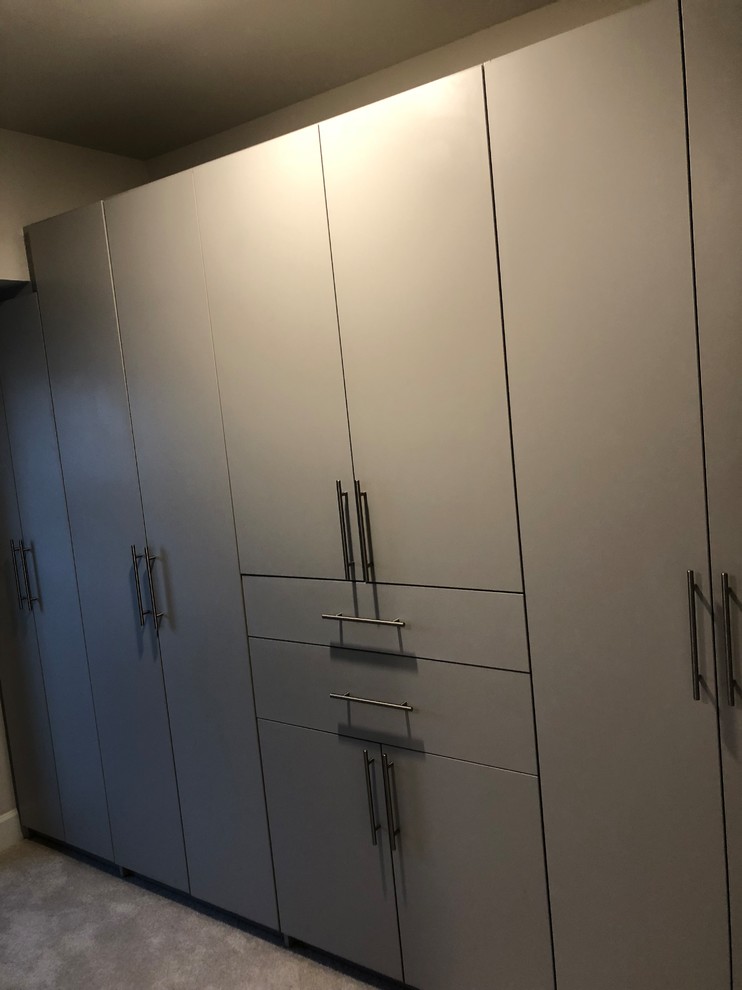 This is an example of a mid-sized transitional gender-neutral walk-in wardrobe in DC Metro with flat-panel cabinets, grey cabinets, carpet and grey floor.