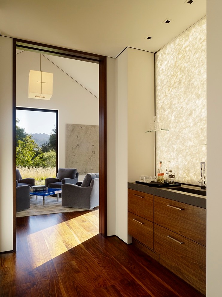 Photo of a contemporary single-wall wet bar in San Francisco with medium hardwood floors, an integrated sink, flat-panel cabinets and medium wood cabinets.