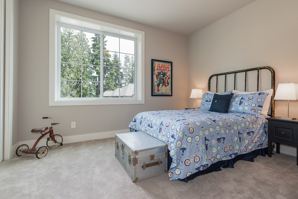 This is an example of a large traditional kids' bedroom for kids 4-10 years old and boys in Seattle with grey walls and carpet.
