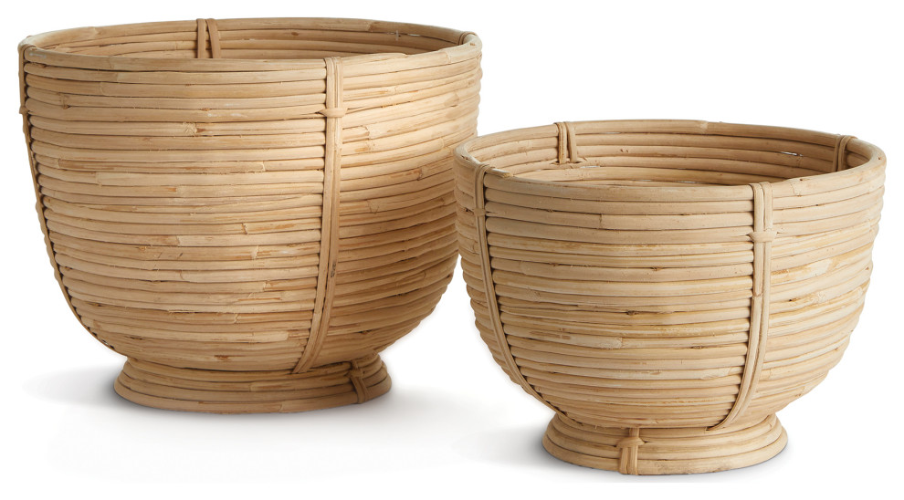 Cane Rattan Decorative Footed Bowls, Set Of 2 Tropical Decorative