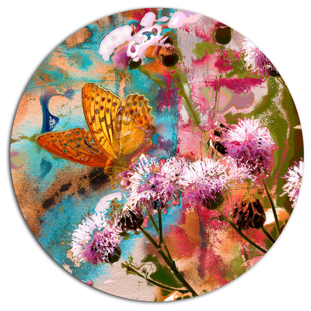 Yellow Butterfly on Thistle Flowers, Floral Round Metal Wall Art