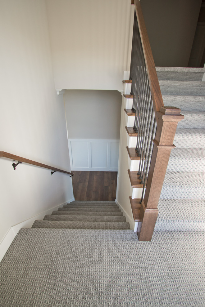Photo of a traditional carpeted u-shaped mixed railing staircase in Other with carpeted risers.