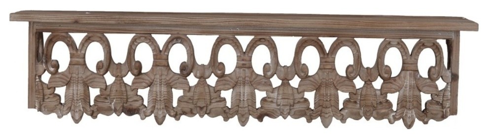 31.5 Inches Wooden Wall Shelf With Scrollwork, Medium, Brown