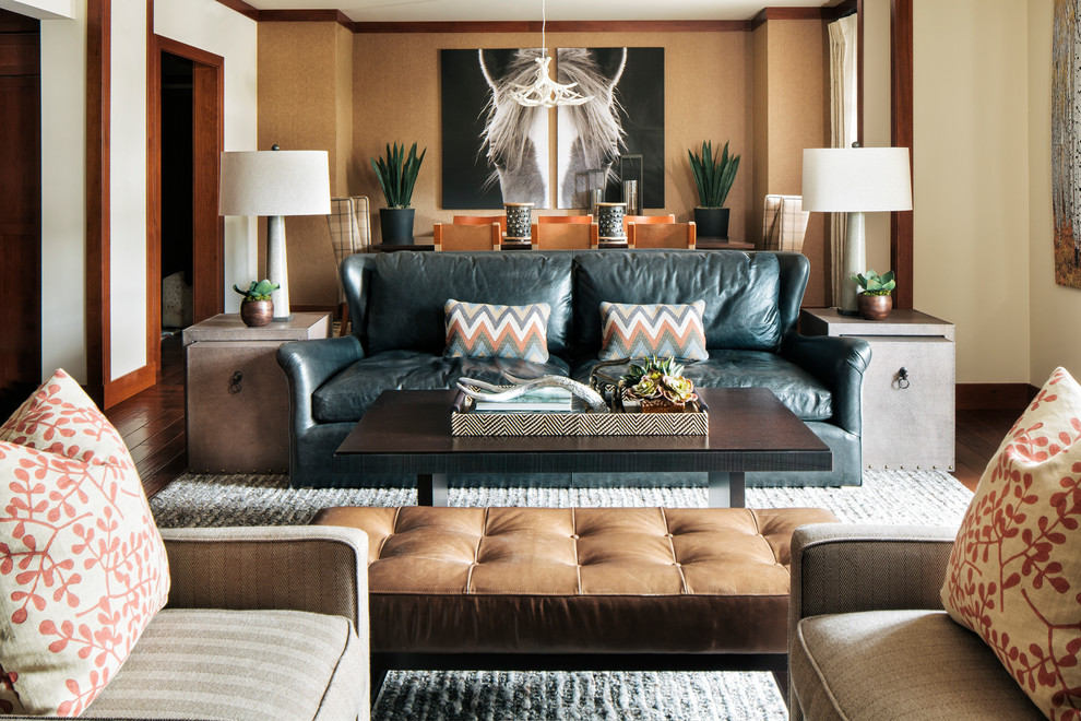 Design ideas for a transitional formal living room in Denver with beige walls and dark hardwood floors.