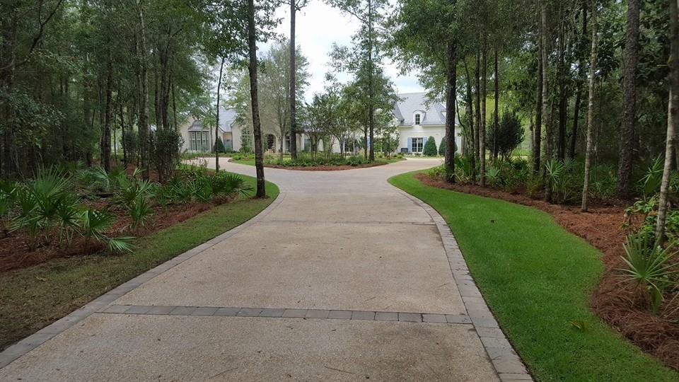 Photo of a large traditional front yard driveway in Miami with brick pavers.