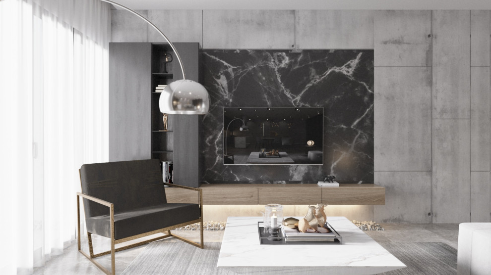 Modern inredning av ett mellanstort loftrum, med ett finrum, grå väggar, klinkergolv i keramik, en inbyggd mediavägg och grått golv