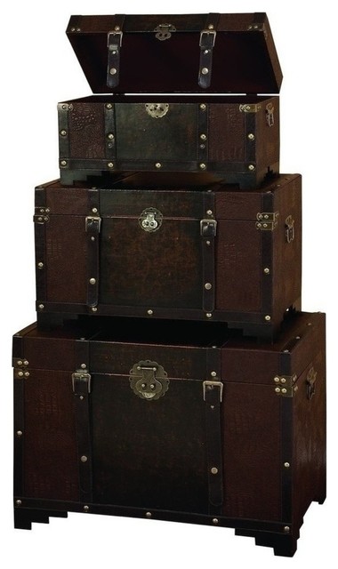 New Traditional Wood And Leather Trunks 3 Piece Set Brown