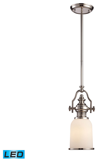Elk Lighting Chadwick 1 Light Led Mini Pendant In Polished Nickel White Gl Elk Lighting Chadwick 1 Light Led Mini Pendant In Polished Nickel White Gl