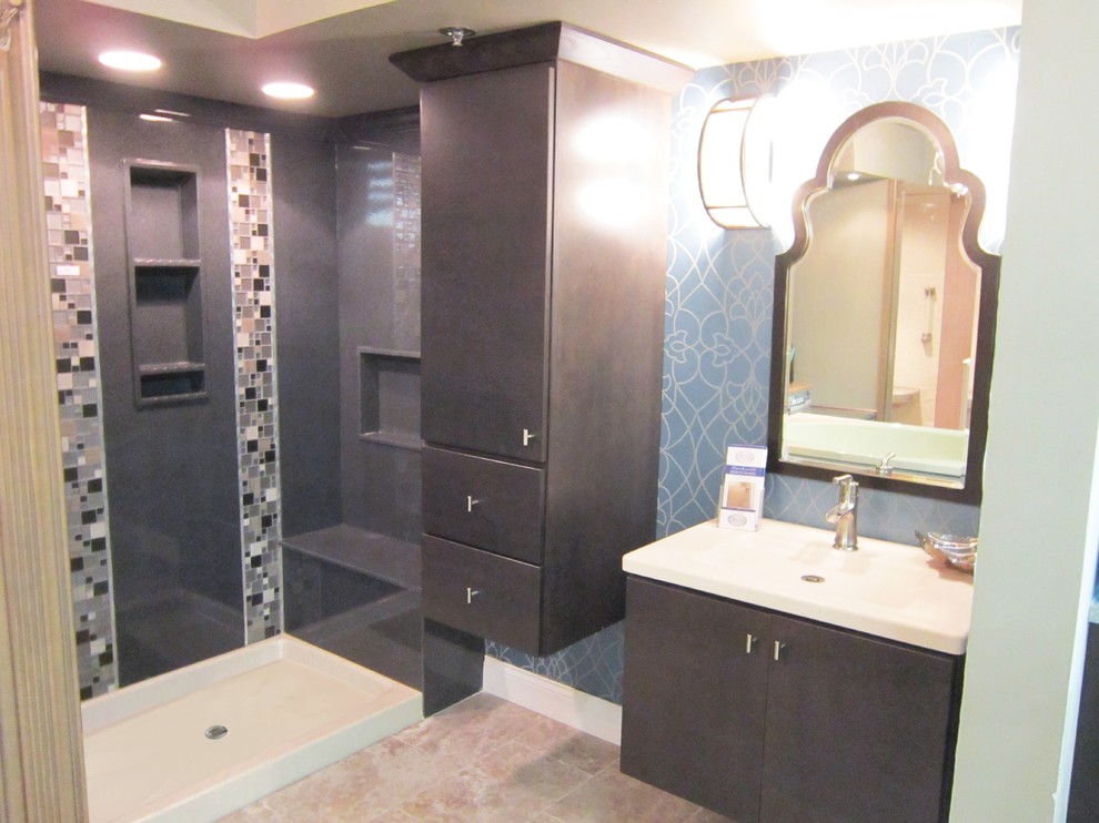 Mid-sized contemporary master bathroom in Chicago with flat-panel cabinets, brown cabinets, an open shower, beige tile, glass tile, laminate floors, an integrated sink, onyx benchtops, a shower curtain and white benchtops.