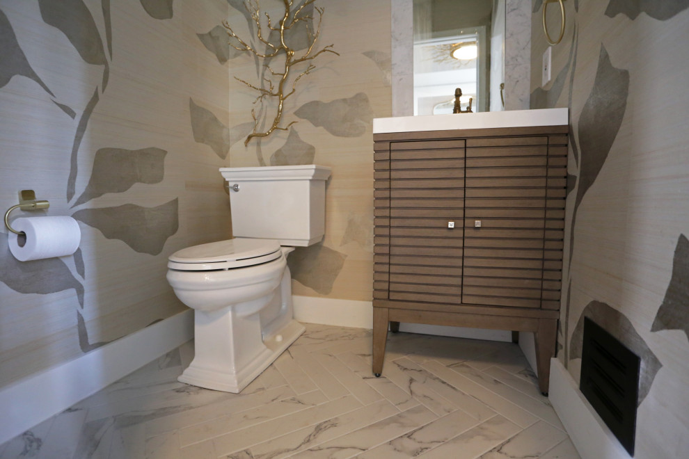 Example of a mid-sized transitional l-shaped marble floor, white floor and exposed beam kitchen design in DC Metro with an undermount sink, shaker cabinets, white cabinets, quartzite countertops, white backsplash, quartz backsplash and stainless steel appliances