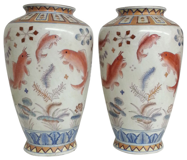 Koi Fish Vases, Set of 2 Asian Vases by Two Worlds Arts