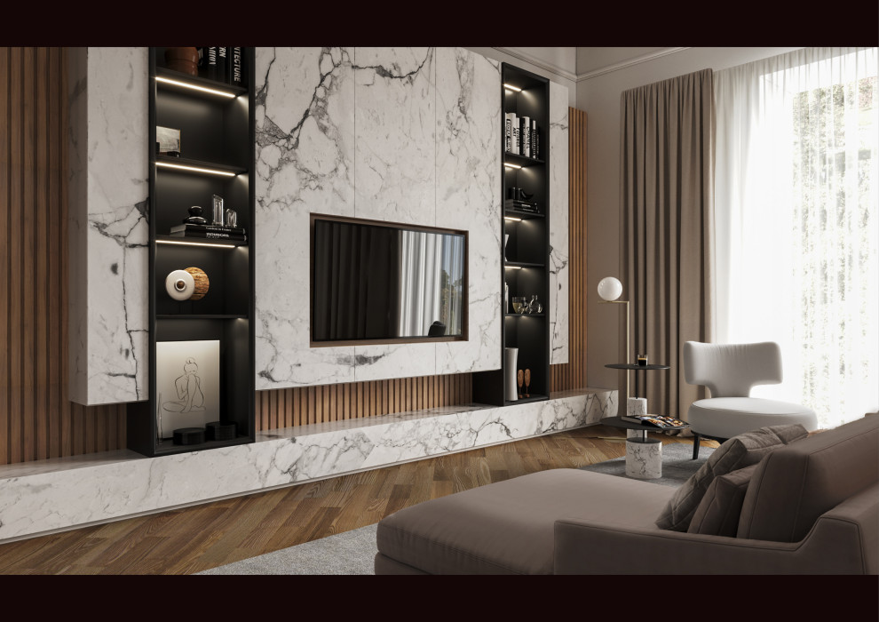 Idee per un grande soggiorno minimal con angolo bar e tappeto