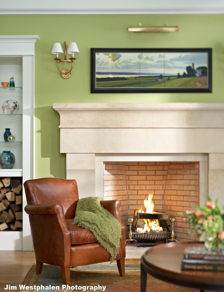 Design ideas for a large traditional formal loft-style living room in Burlington with green walls, medium hardwood floors, a standard fireplace and a stone fireplace surround.