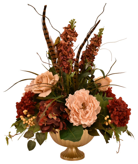 Burgundy and Tan Silk Flower Arrangement with Feathers