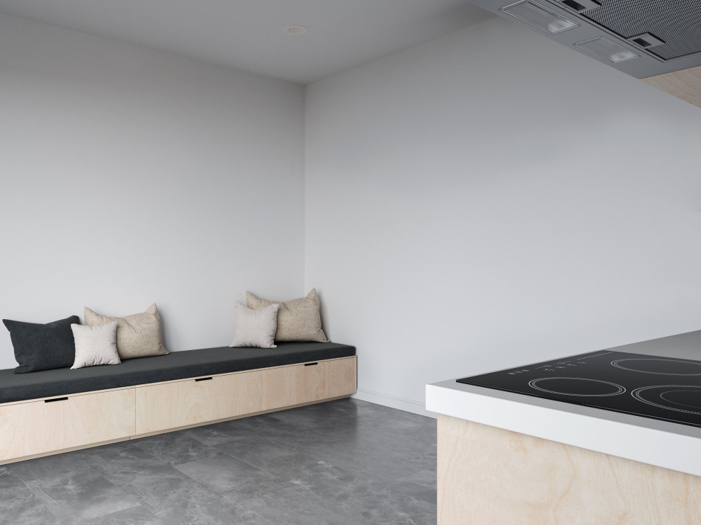 Cette photo montre une salle à manger moderne avec un mur blanc, un sol en vinyl, aucune cheminée, un sol gris et un plafond voûté.