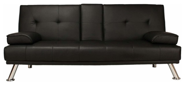 Modern Sofa Bed Faux Leather With Cup Holder Two Pillows And Modern Sofa Bed Faux Leather With Cup Holder Two Pillows And Chrome Legs