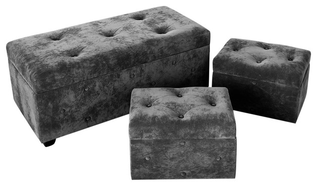 Plush Cushioned Pouffes, Dark Grey, Set of 3
