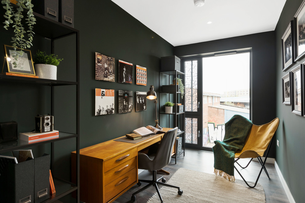 This is an example of a retro study in London with a freestanding desk.