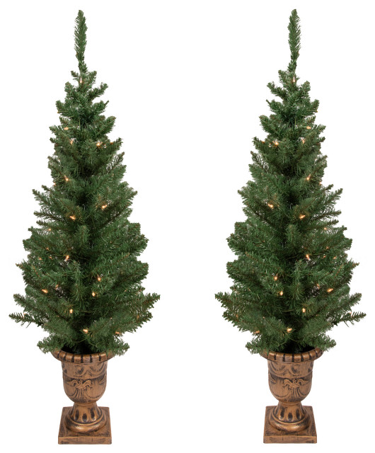 PreLit Potted Porch Pine Artificial Christmas Topiary Tree, Set of 2