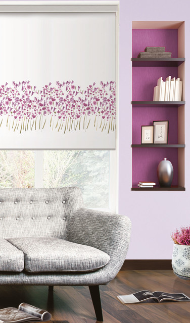 Purple Floral Patterned Roller Window Blinds contemporary-living-room