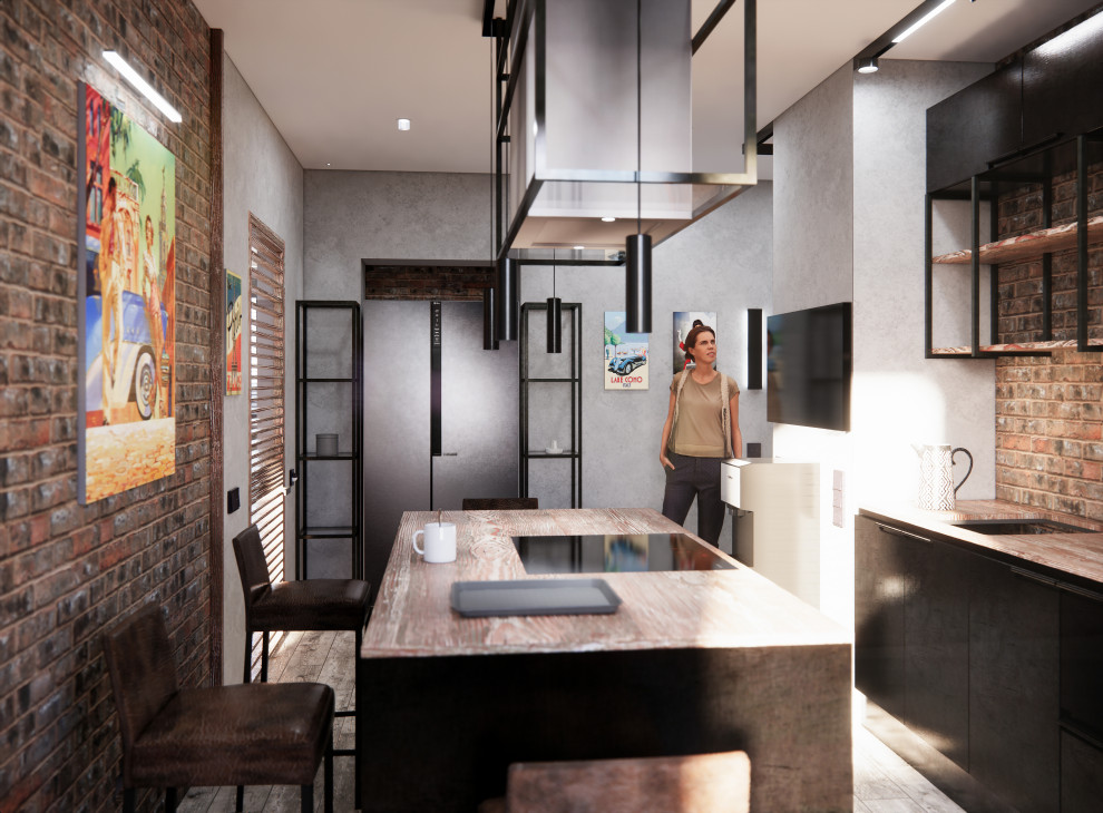 Квартира в Москве в стиле лофт, кухня, холл, санузел, кладовая. 2020 г.