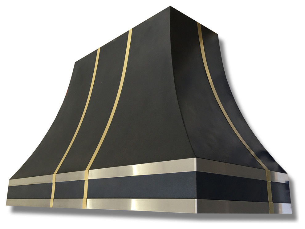 Torino Black Range Hood With Brass and Stainless Transitional Range