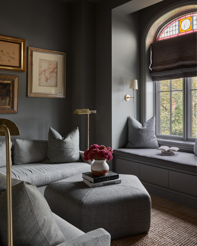 Living room - transitional carpeted and brown floor living room idea in Toronto with gray walls
