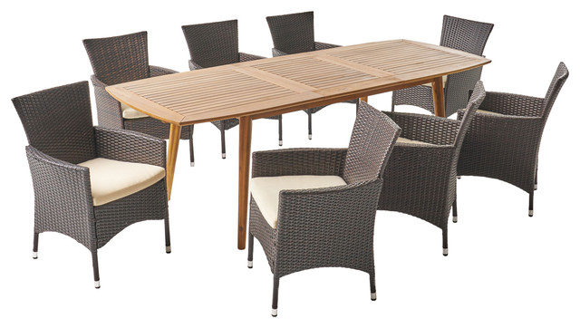 Flora Outdoor Wood And Wicker Expandable 8 Seater Dining Set