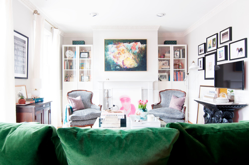 Example of a transitional living room design in Boston