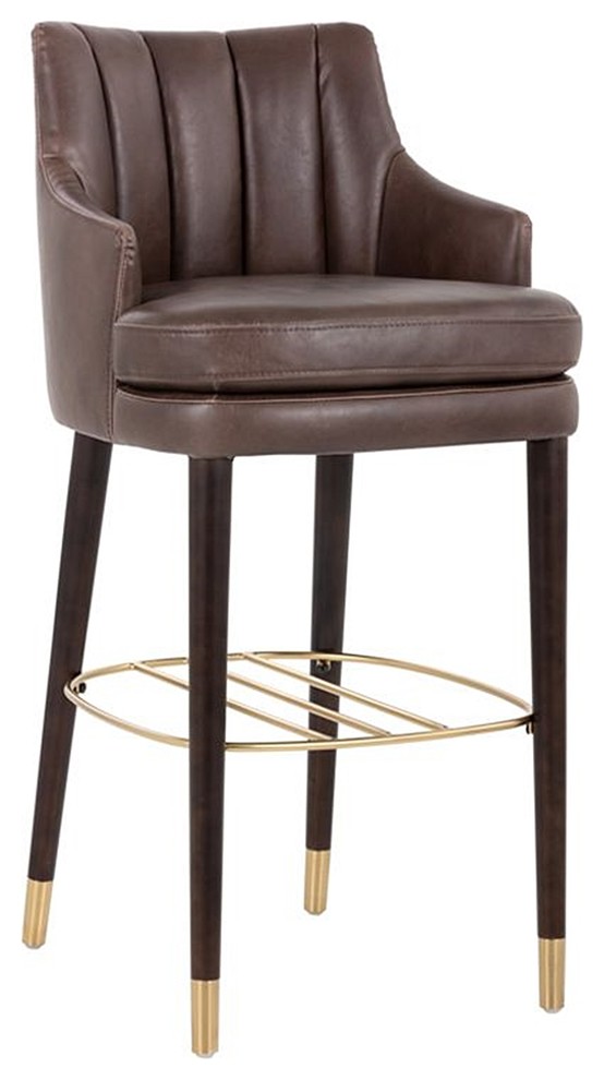 Leather Stool With Gold Foot Caps And Footrest Bar Midcentury Bar