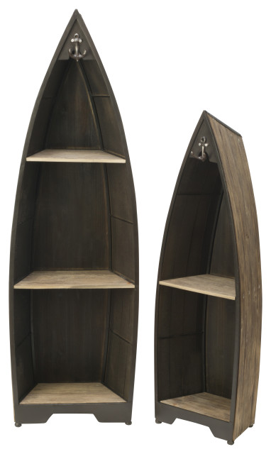 Decorative Wooden Boat With Shelves, Beach Style Bookcases