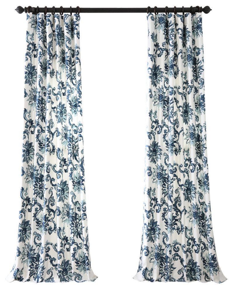 Indonesian Blue Printed Cotton Twill Curtain, 50"x84"